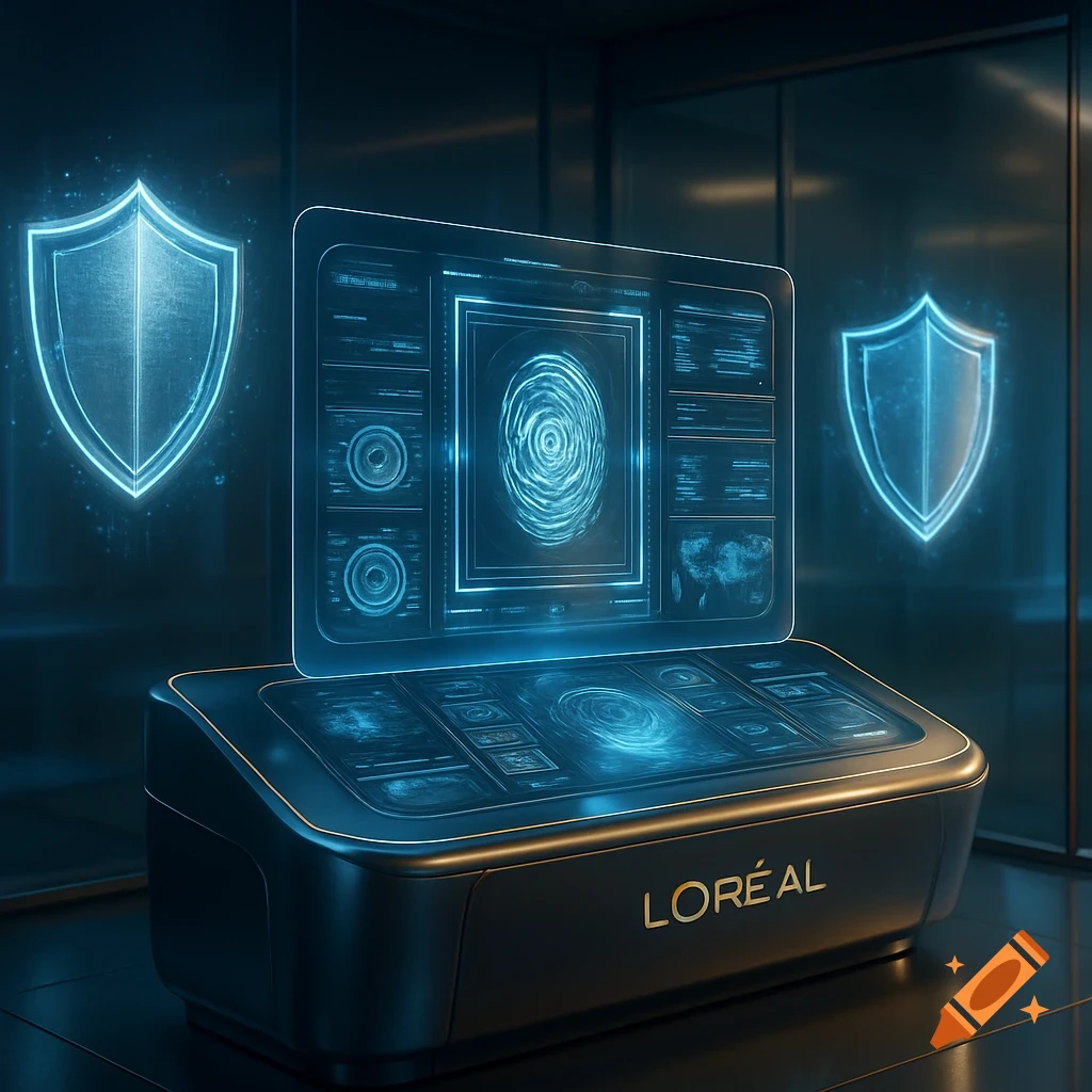A futuristic security console with a glowing blue holographic fingerprint scan display and data, flanked by neon shield icons, with the L'Oréal logo on its base.