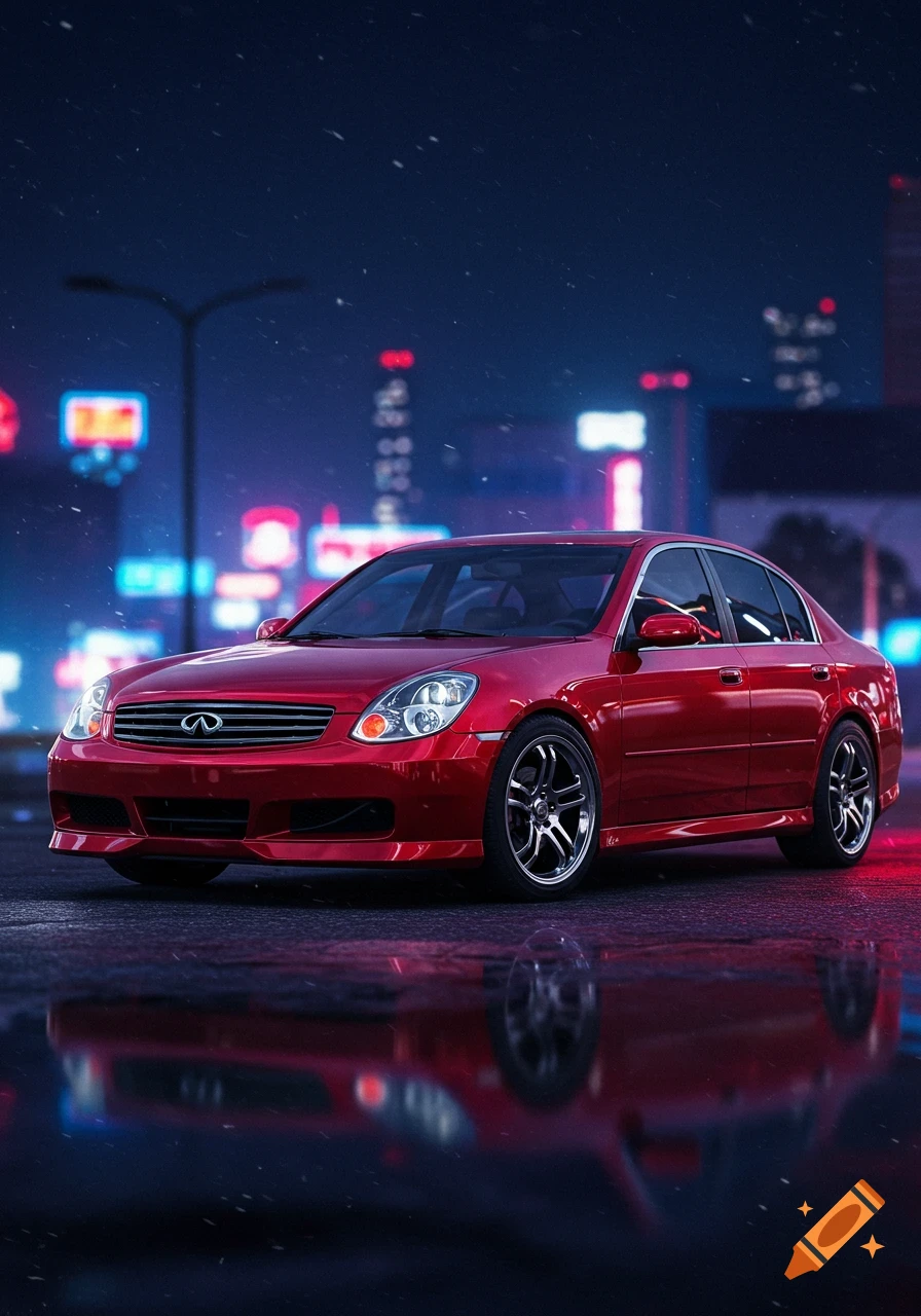 A shiny red Infiniti G35 sedan parked on a wet street at night, with blurred neon city lights in the background.
