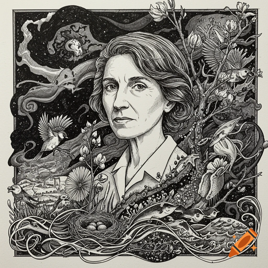 An intricate black and white ink drawing portrait of Rachel Carson surrounded by detailed nature elements like birds, a nest with eggs, plants, and sea life, with abstract patterns representing pesticides.