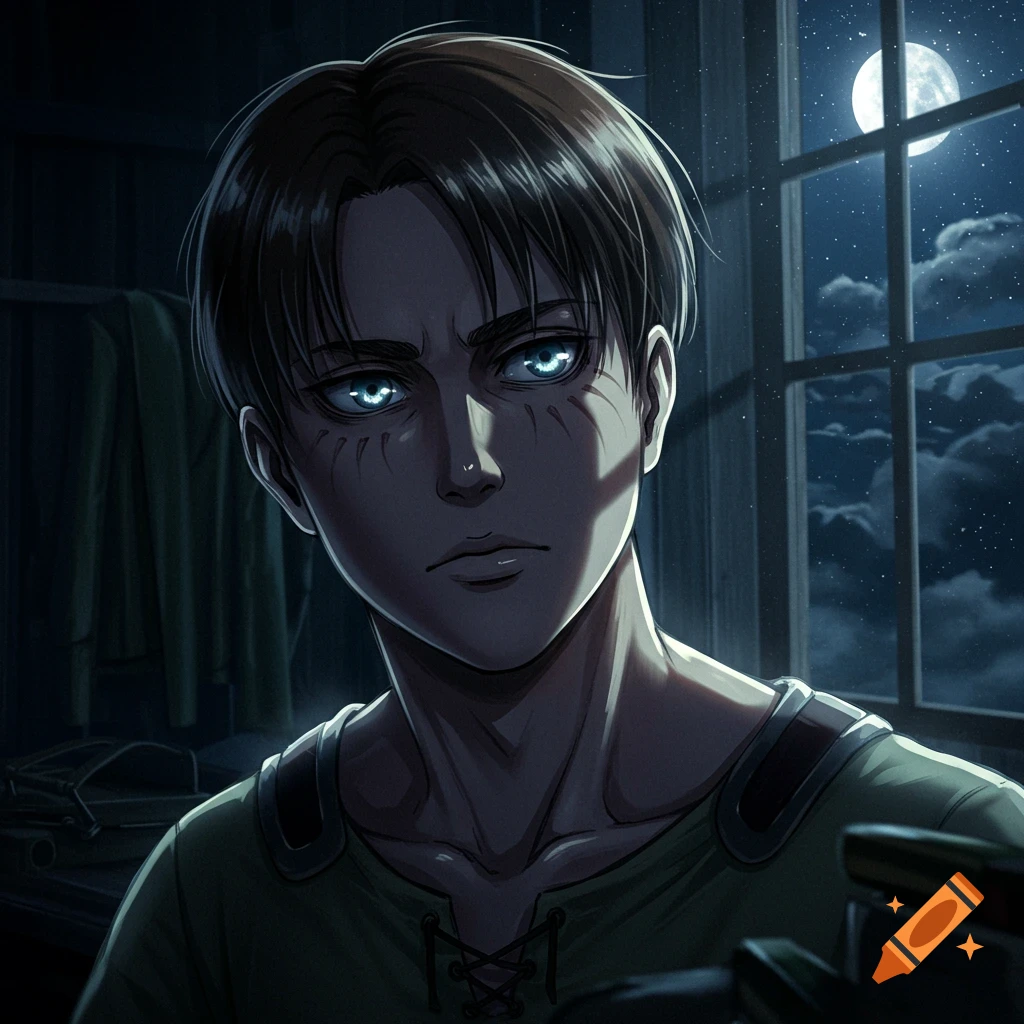 Anime portrait of Eren Yeager with glowing blue eyes and facial marks, looking intense in a moonlit room.
