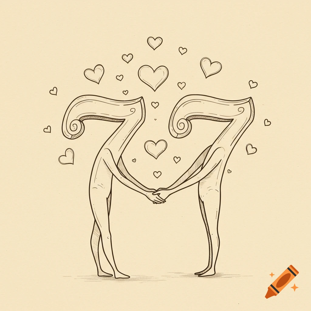 Line art illustration of two anthropomorphic number sevens holding hands, surrounded by hearts, on a beige background.