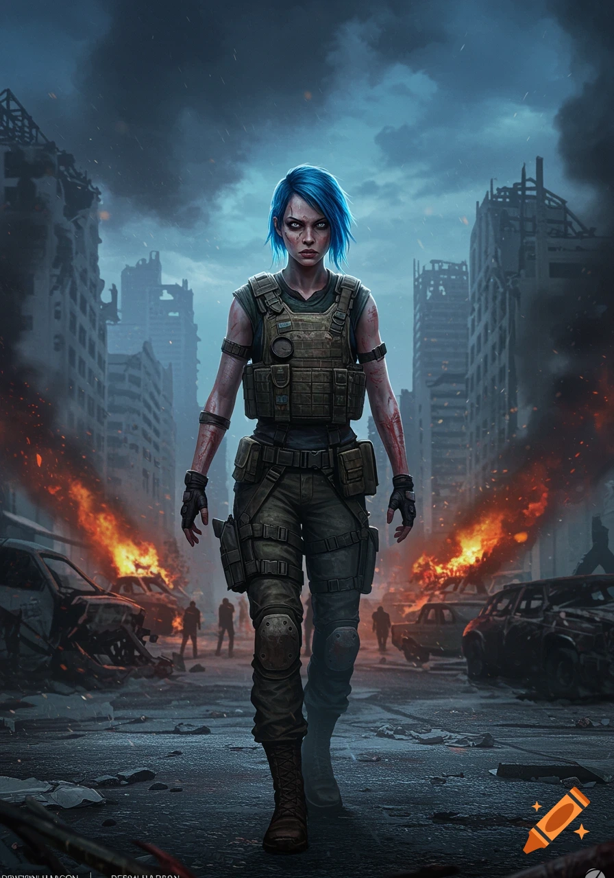 A blue-haired female survivor in tactical gear walks through a destroyed, burning post-apocalyptic city. Digital art.
