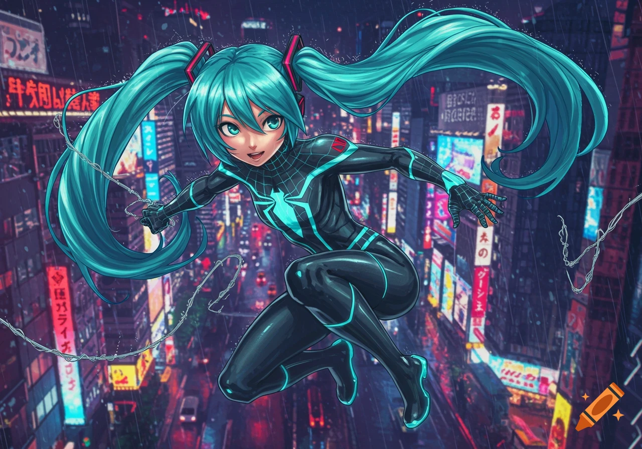 Anime character Hatsune Miku in a black and cyan Spider-Man suit swings through a neon-lit, rainy city at night.