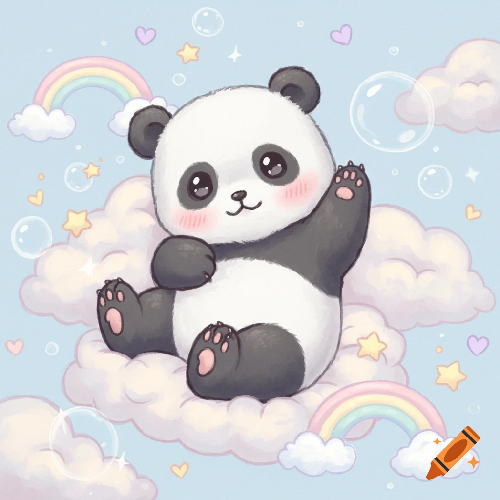 A cute kawaii cartoon panda with rosy cheeks sitting on a fluffy white cloud, waving. Rainbows, stars, hearts, and bubbles float around it in a light blue sky.