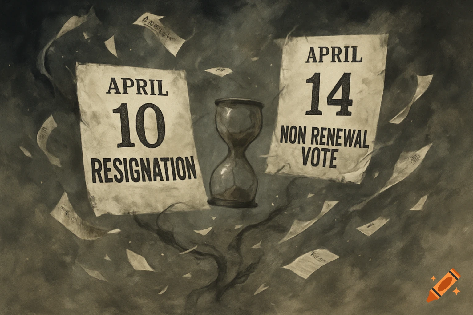 A vintage-style illustration of two torn paper signs: one reads 'April 10 Resignation', the other 'April 14 Non Renewal Vote'. An hourglass sits between them, surrounded by swirling papers.