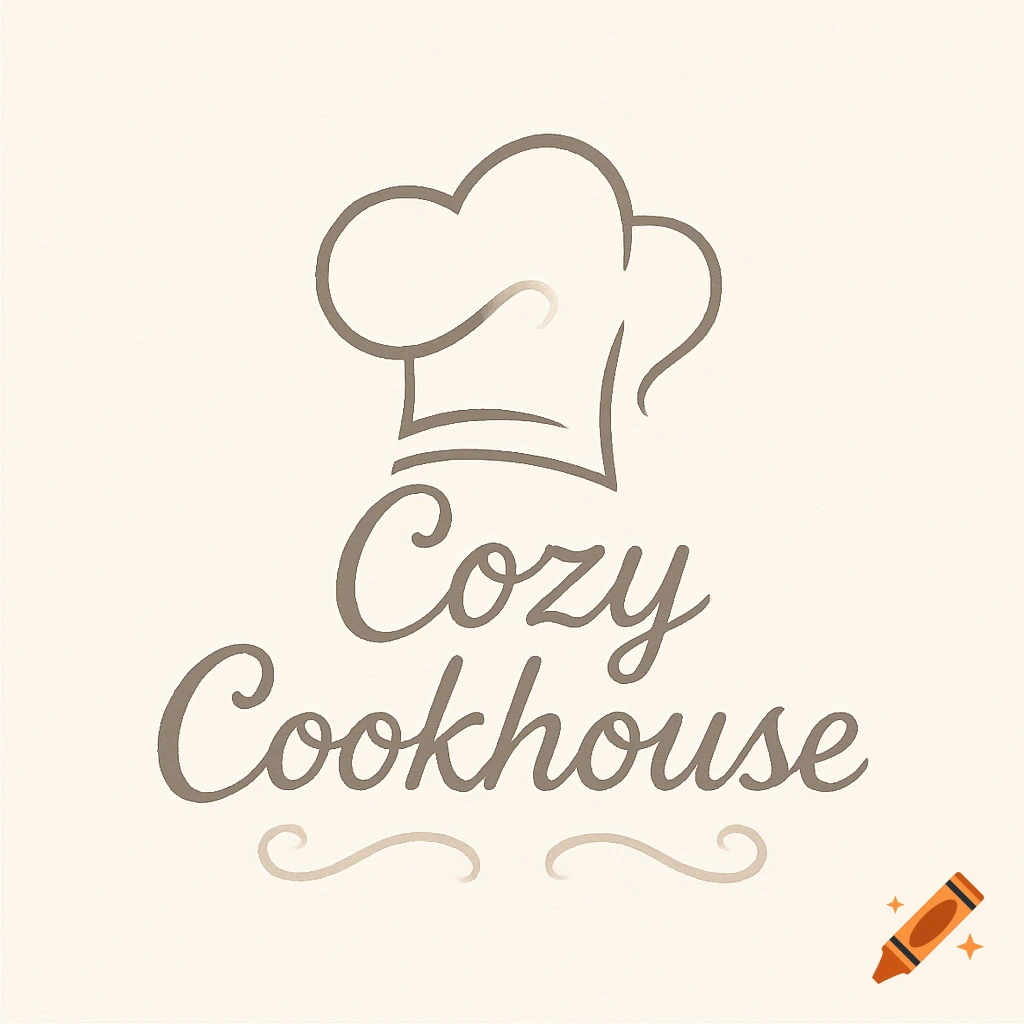 A minimalistic logo with a brown outline of a chef's hat above the words "Cozy Cookhouse" in a script font, on a cream background.