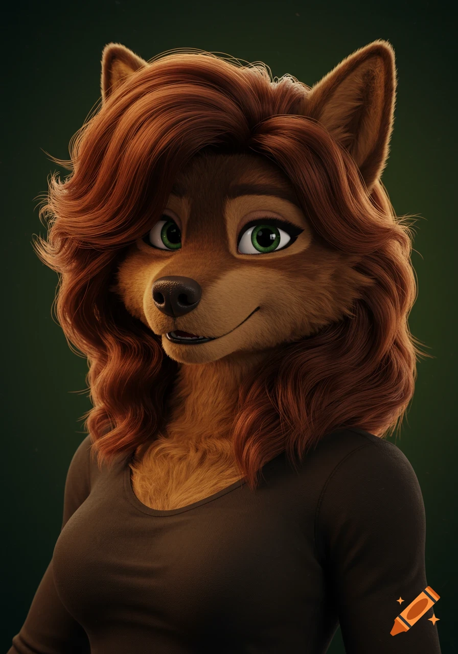 A smiling 3D rendered anthropomorphic brown wolf character with green eyes and curly reddish-brown hair.