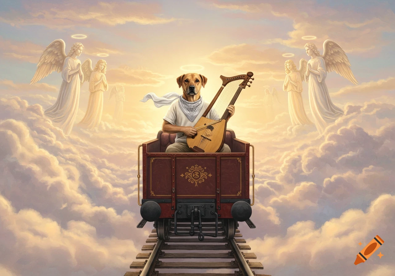 A Labrador dog wearing a white bandana plays a harp-guitar in a train car, riding on tracks through clouds, surrounded by angels and light.