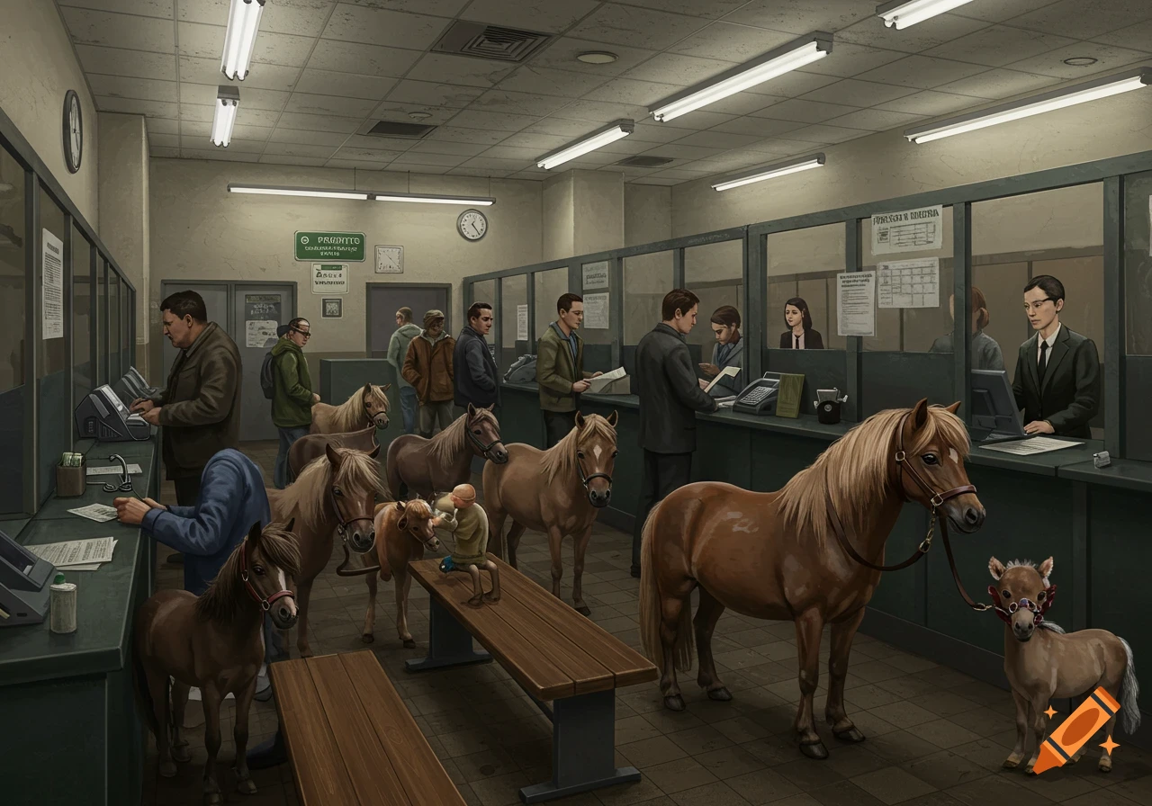A bustling government permit office filled with people and miniature horses, some waiting in line, others at counters.