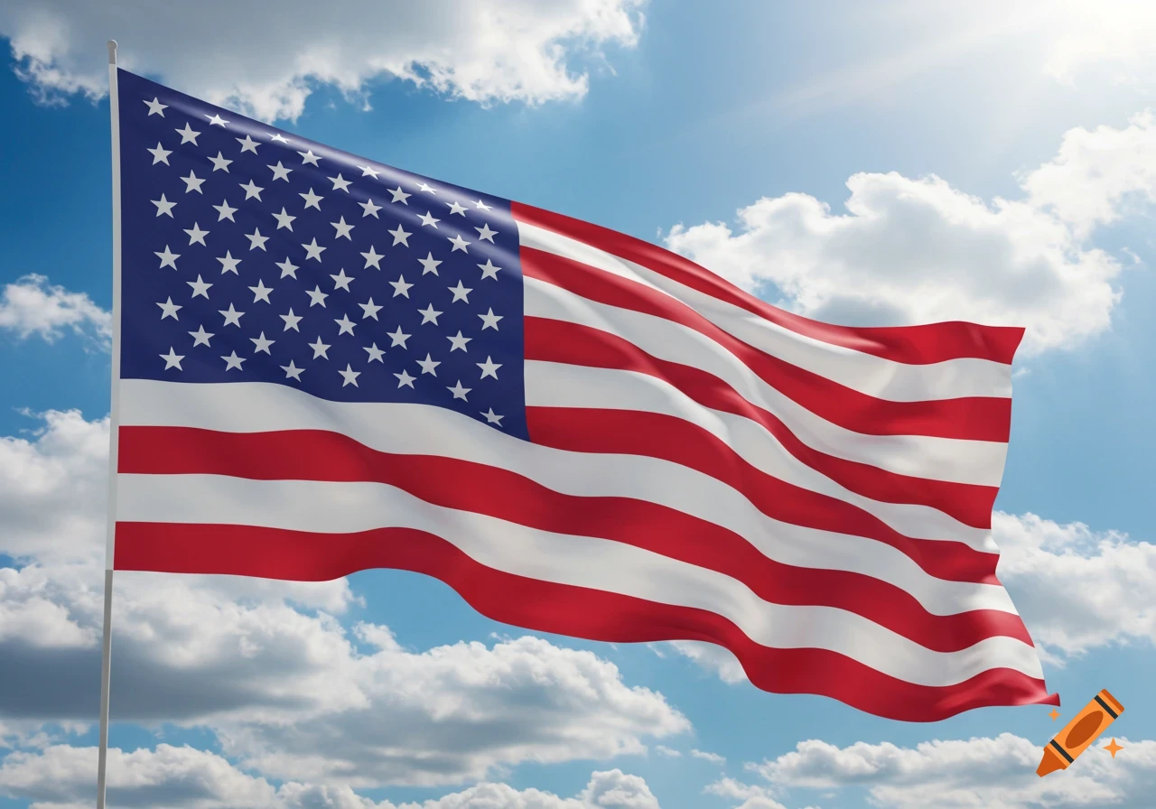 A photorealistic image of the American flag waving against a bright blue sky with scattered white clouds.