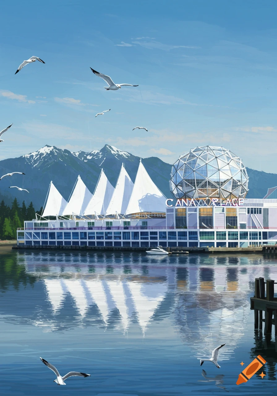 A painting of Canada Place in Vancouver with a glass dome and white sails, mountains in the background, and seagulls flying over water.