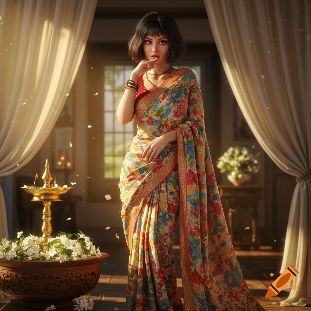 Photorealistic image of an Indian woman with a short bob haircut, elegantly posing in a colorful floral saree in a traditional indoor setting with a lamp.
