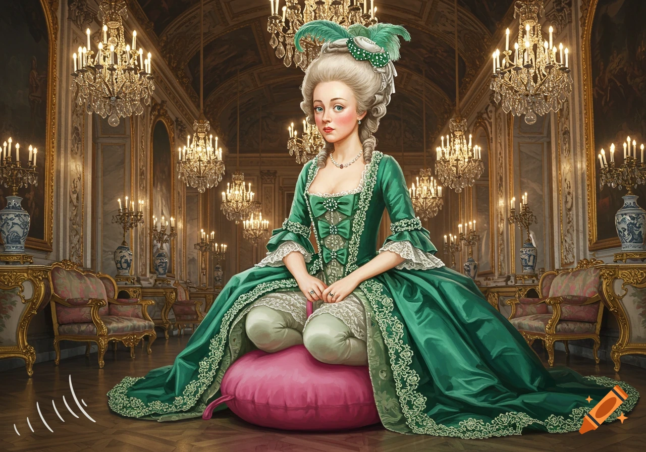 A woman in a green 18th-century gown and powdered wig sits on a pink cushion in a grand hall with chandeliers, showing sound waves.