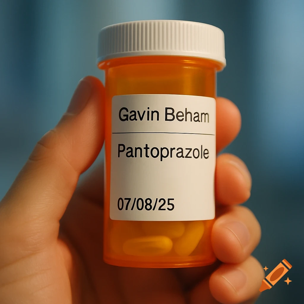 A close-up, photorealistic image of a hand holding an orange prescription pill bottle labeled 'Gavin Beham', 'Pantoprazole', '07/08/25'.