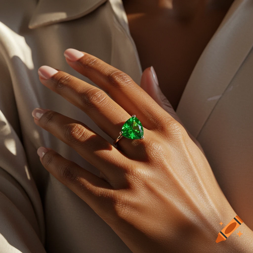 Close-up of a woman's hand wearing a large green trillion-cut gemstone ring.
