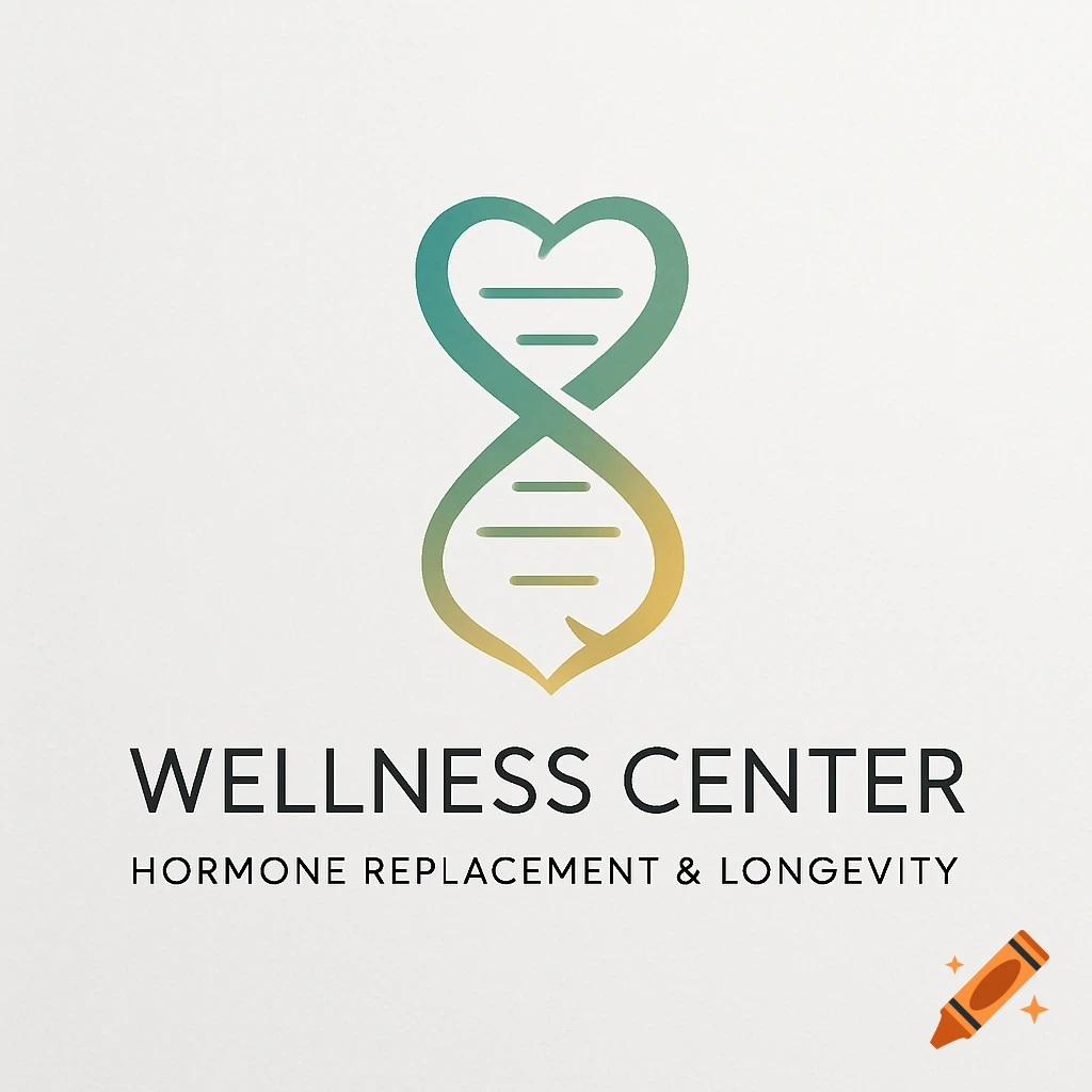 Logo with a heart-shaped DNA helix in teal and yellow, with text 'WELLNESS CENTER HORMONE REPLACEMENT & LONGEVITY'.