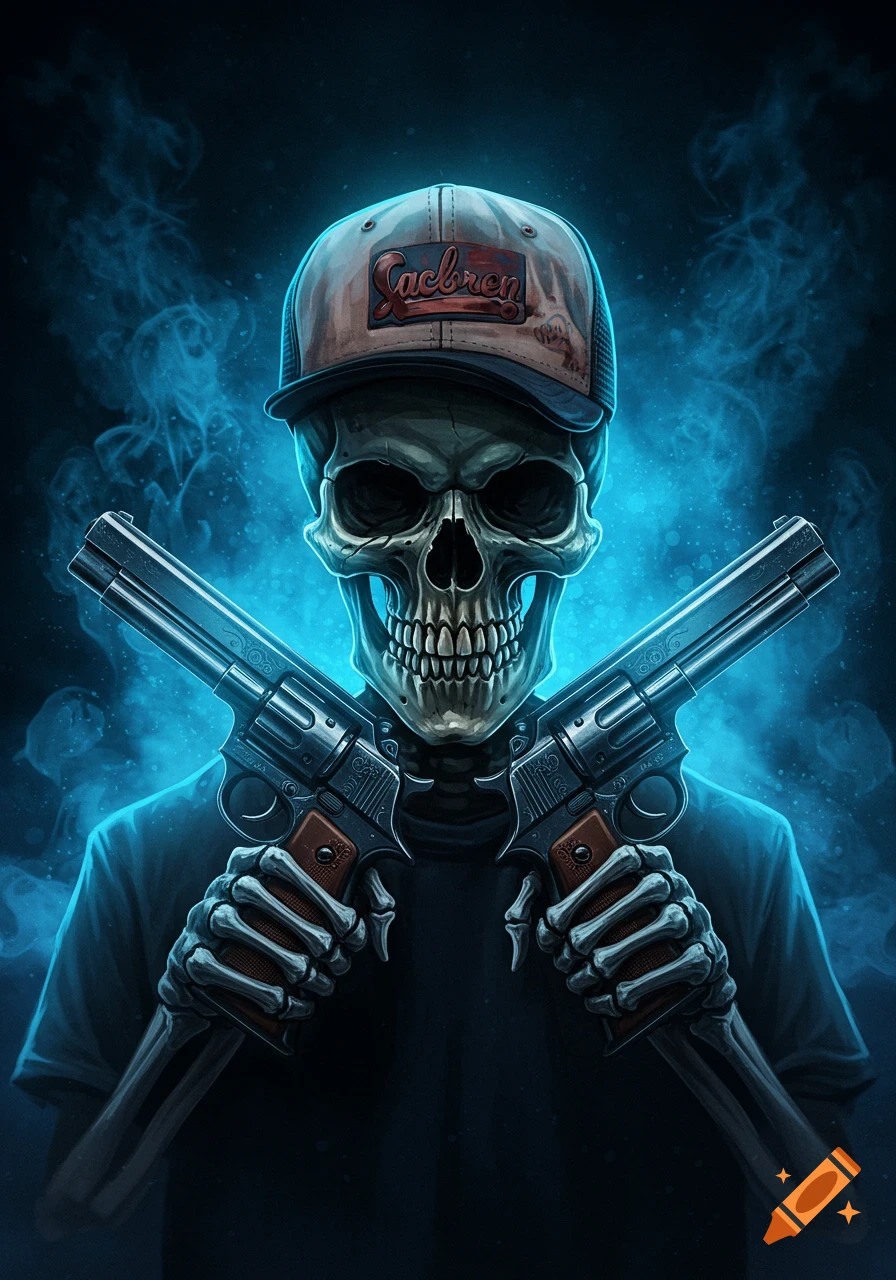 A stylized skeleton wearing a baseball cap and holding two revolvers, surrounded by blue smoke on a dark background.