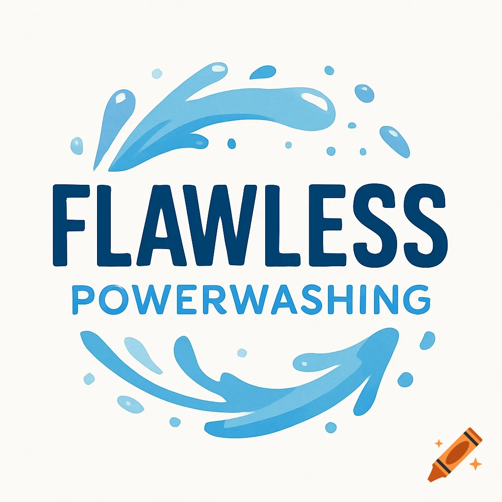 A blue and white logo for Flawless Powerwashing, featuring the company name and stylized water splashes.