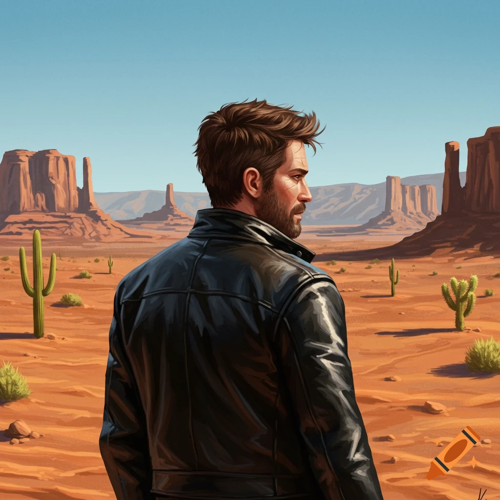 A man in a black leather jacket looks over his shoulder at a vast desert landscape with mesas and cacti under a clear sky.
