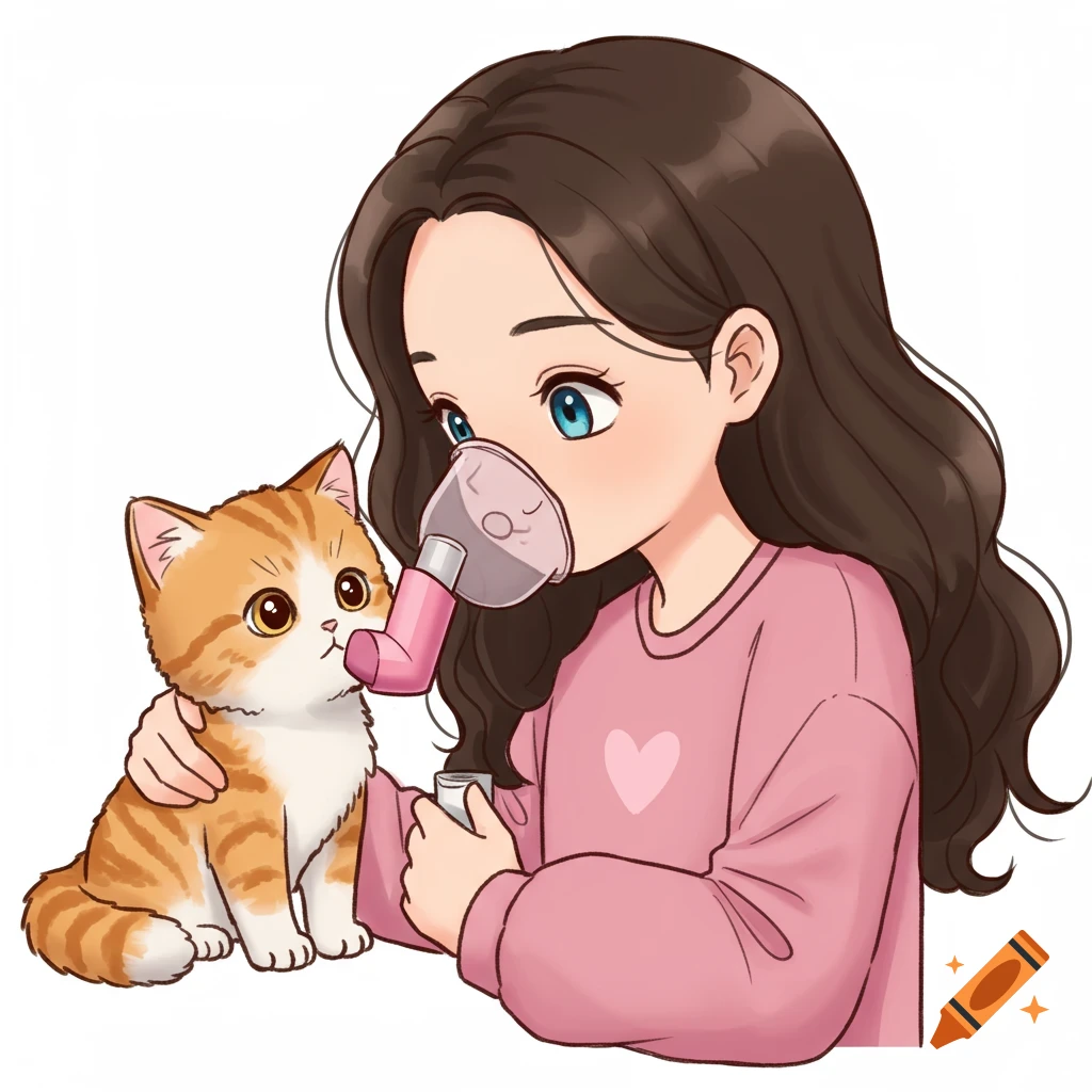 A cute cartoon girl with dark hair gives an orange tabby kitten an inhaler with an aerochamber in a clean style.