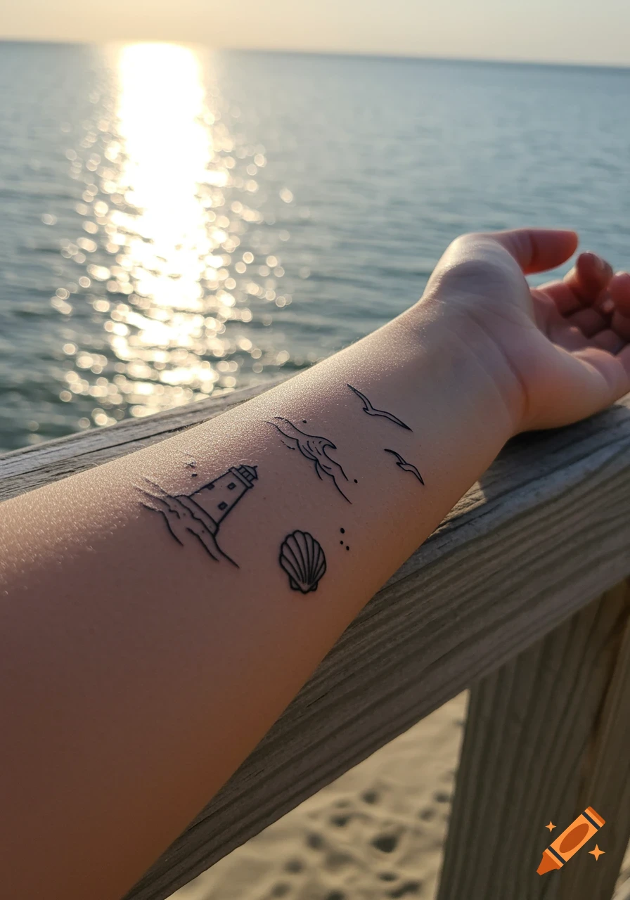 A forearm with small line art tattoos of a lighthouse, waves, a seashell, and seagulls, set against a blurred sunlit ocean background.