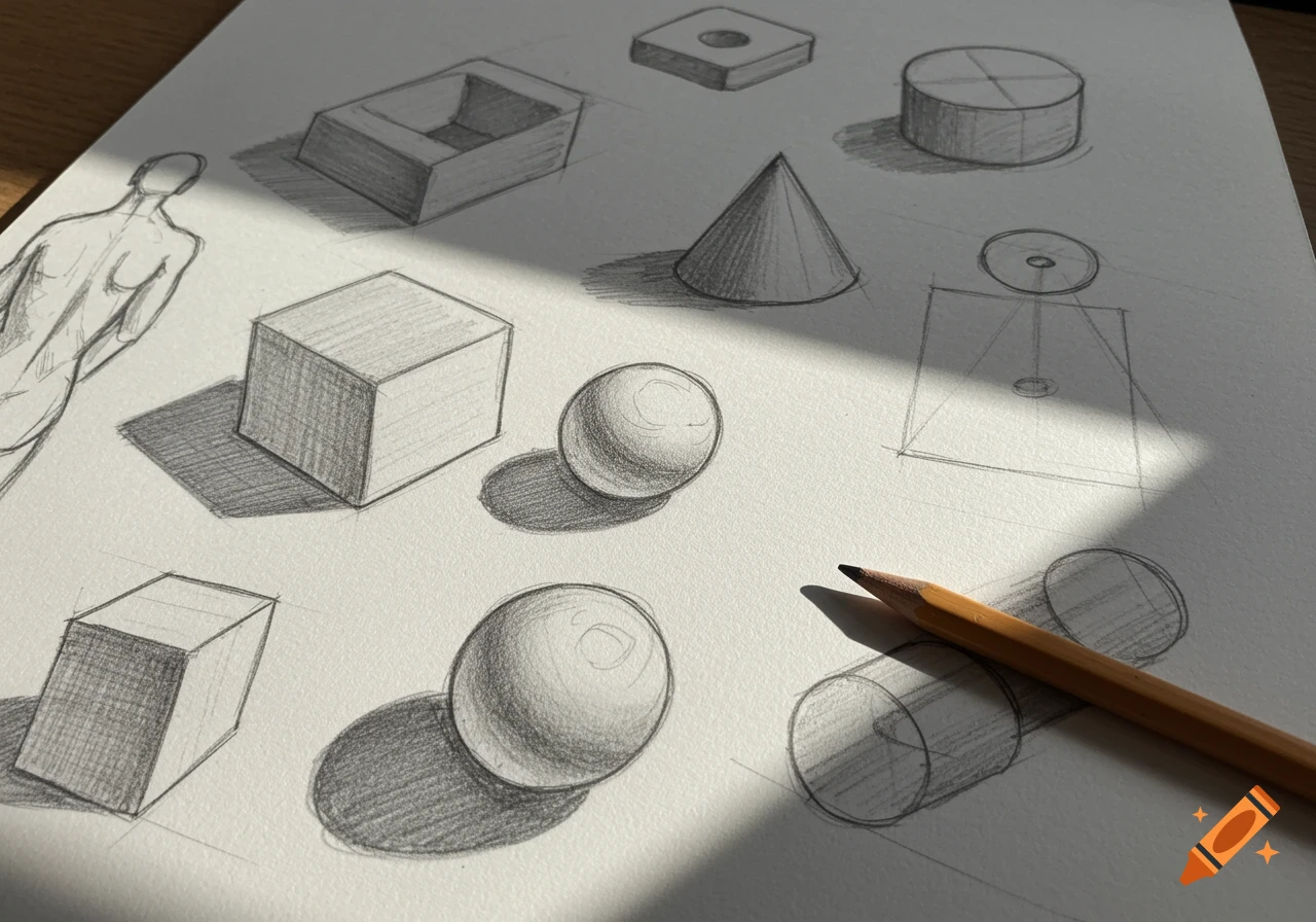 Pencil sketches of geometric shapes and a human figure on paper with a pencil.