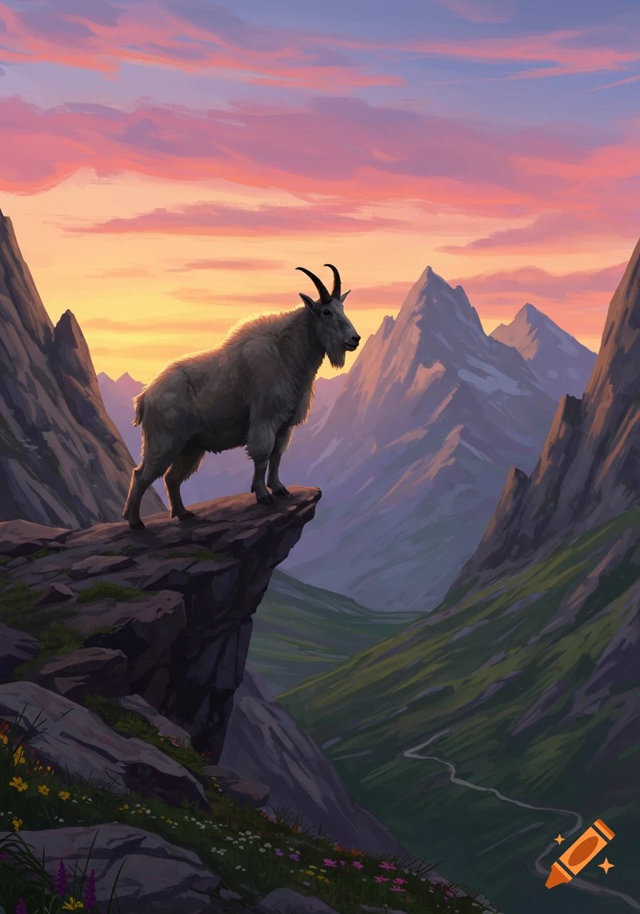 A mountain goat stands on a rocky cliff overlooking a valley with mountains under a vibrant sunset sky.