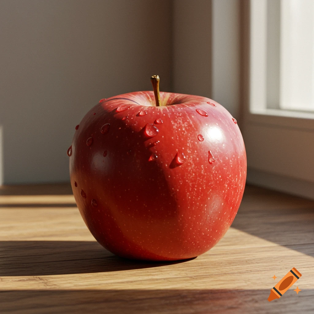 A photorealistic red apple with water droplets sits on a wooden surface, illuminated by light from a window.