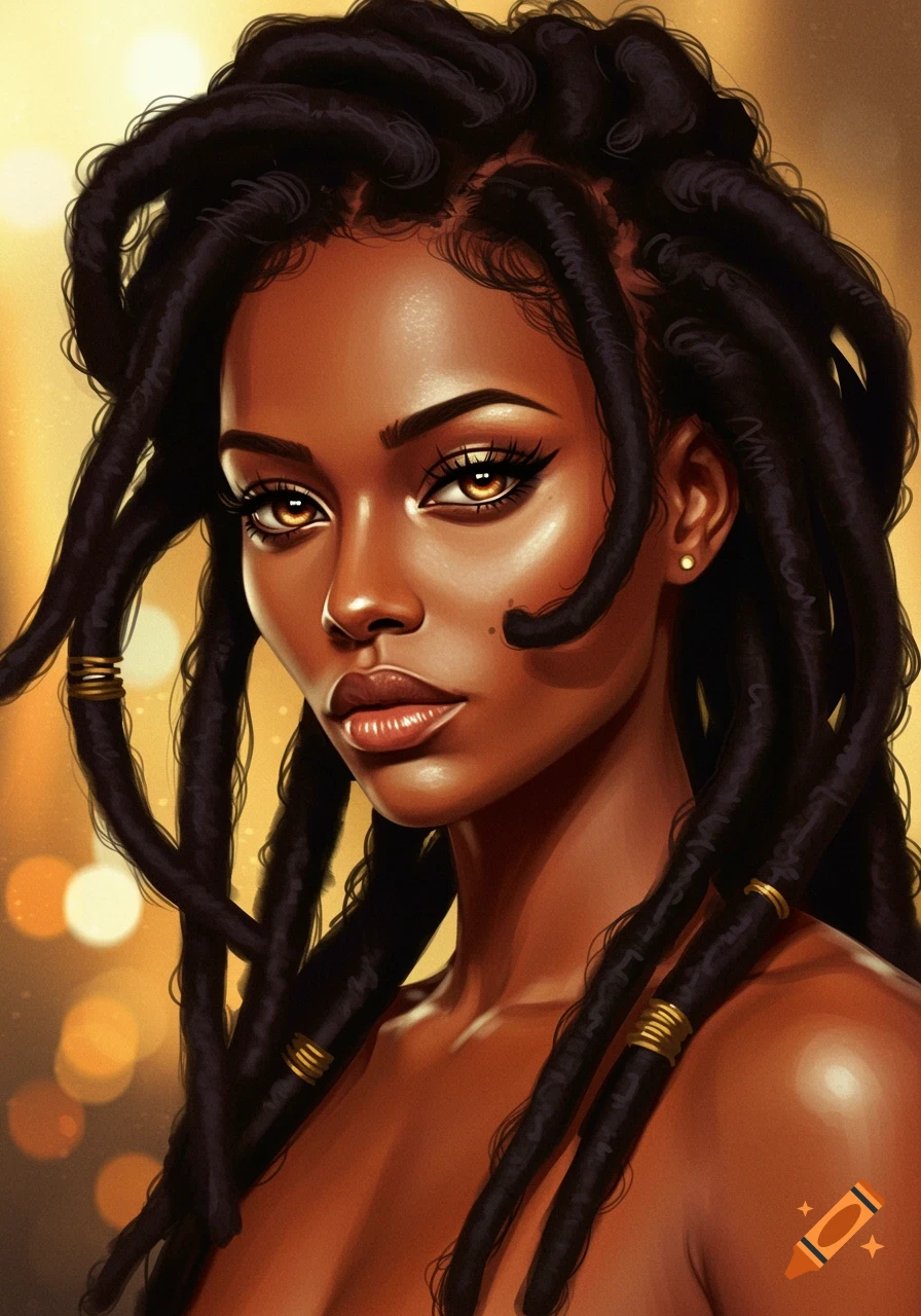 A stylized portrait of a beautiful woman with dark skin, prominent cat-like eyes, and thick dreadlocks, against a warm, blurry background.
