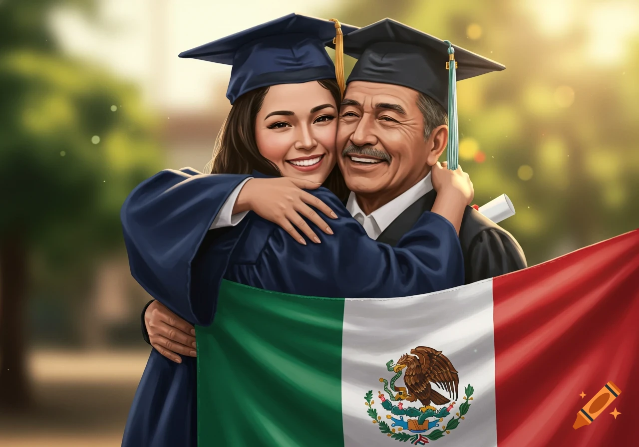 A graduating daughter in a cap and gown hugs her father, with a Mexican flag in the foreground.