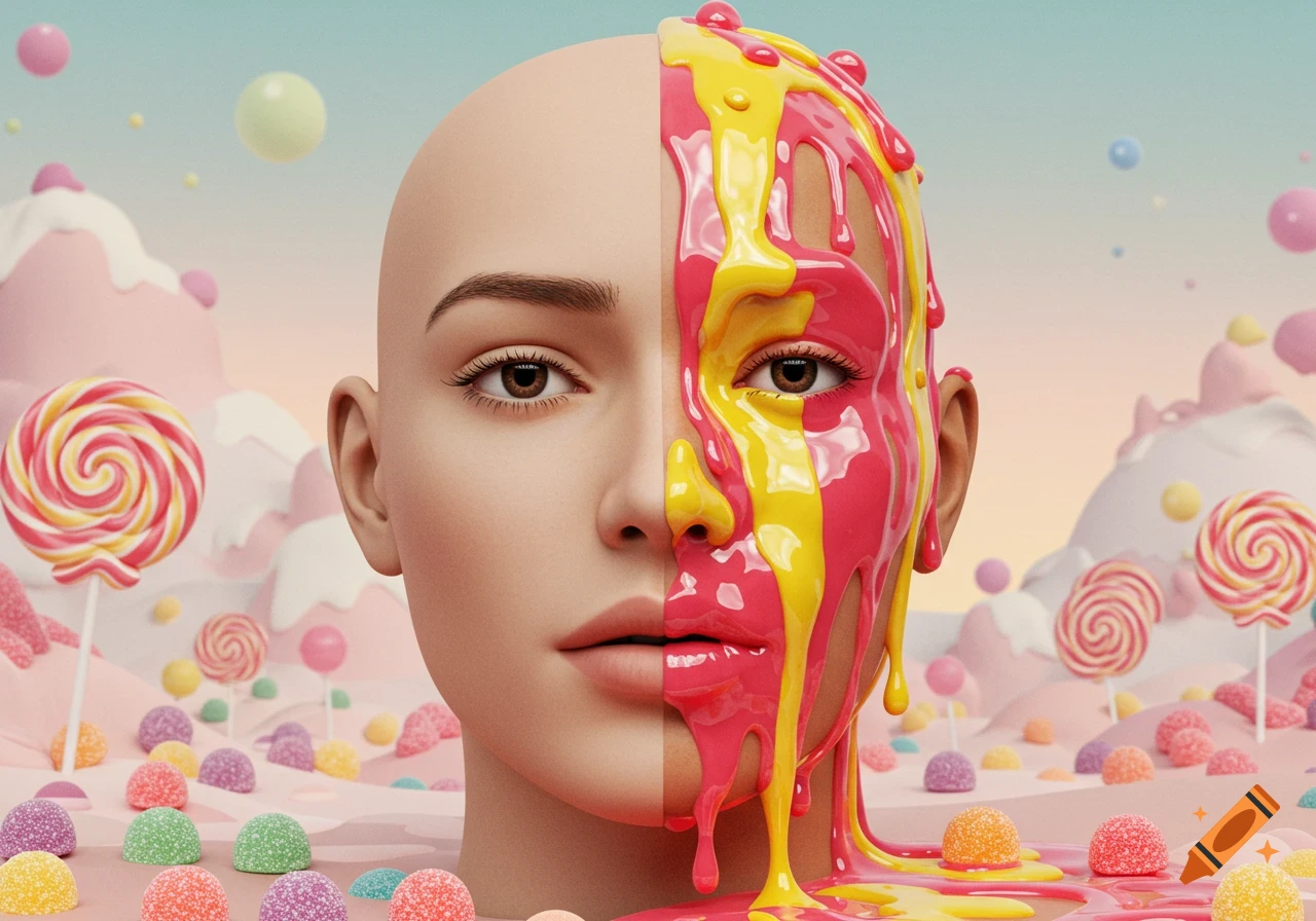 A surreal portrait of a bald human face, half realistic, half covered in dripping pink and yellow candy, set in a whimsical candy land.