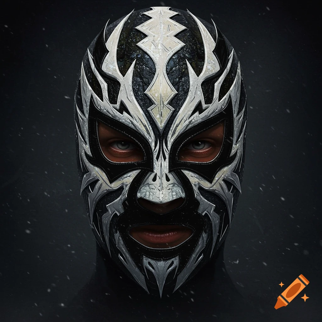 A striking close-up of a black and white lucha libre mask with intricate, sharp designs inspired by black metal aesthetics.