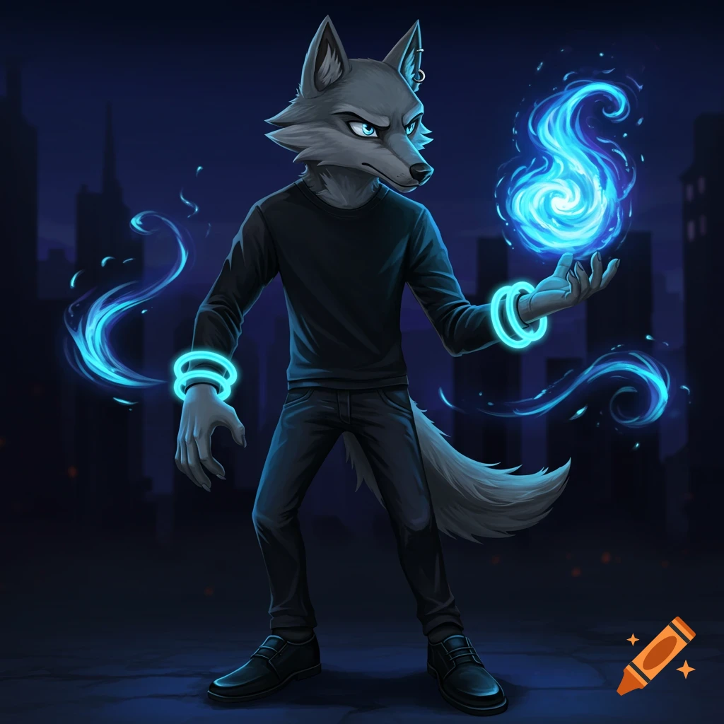 A cartoon grey wolf with glowing blue rings on his wrists and a blue fireball in his hand stands in a dark city street.