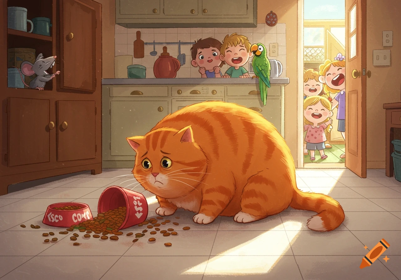 A sad, very large orange tabby cat looks at its spilled food in a kitchen, while children, a parrot, and a mouse laugh in the background in a colorful cartoon style.
