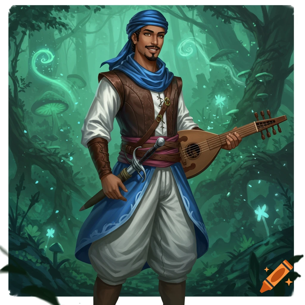 An illustrated fantasy portrait of a dark-skinned man in a blue turban, brown vest, and baggy clothes, holding a lute and rapier in an enchanted green forest.