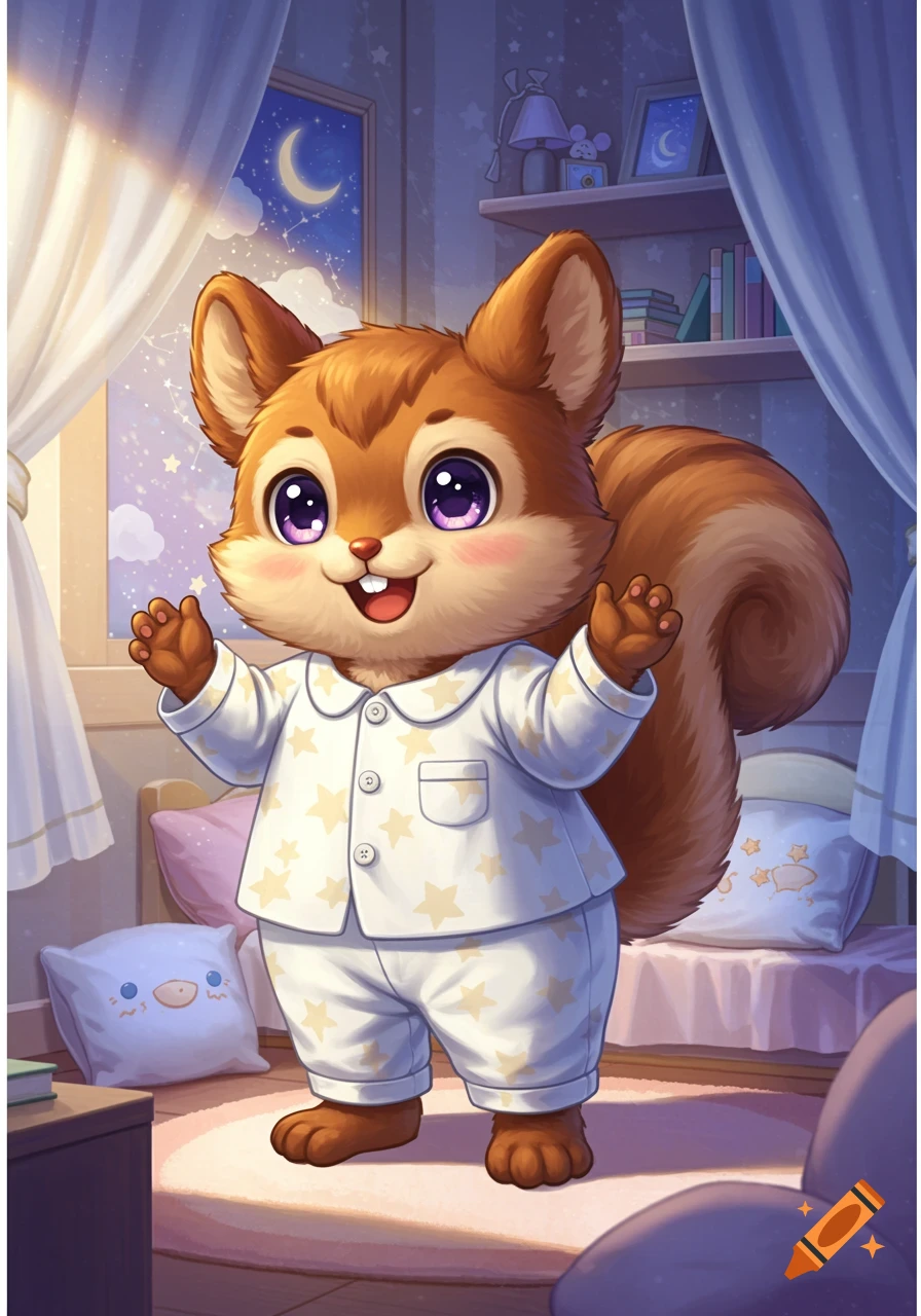 A cute, smiling cartoon squirrel wearing white pajamas with yellow stars stands in a cozy bedroom at night.