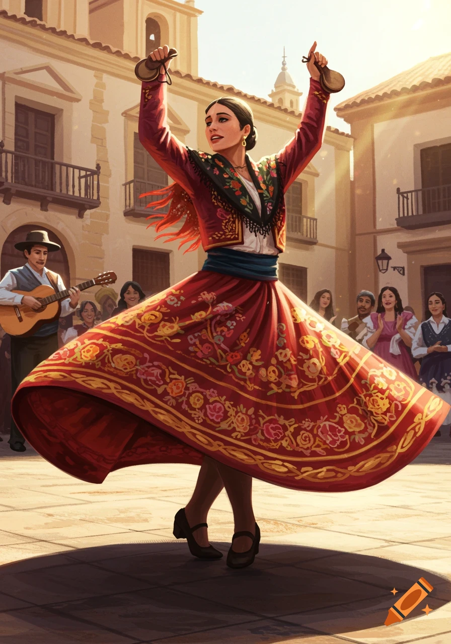 Woman in traditional red dress dancing the Jota with castanets in a sunny town square, a man plays guitar.