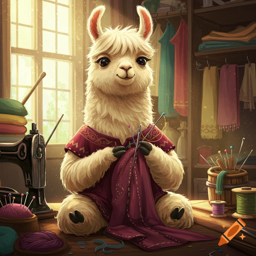 A fluffy white llama in a red tunic sews purple fabric at a wooden table. Sewing supplies are around it in a sunlit room.