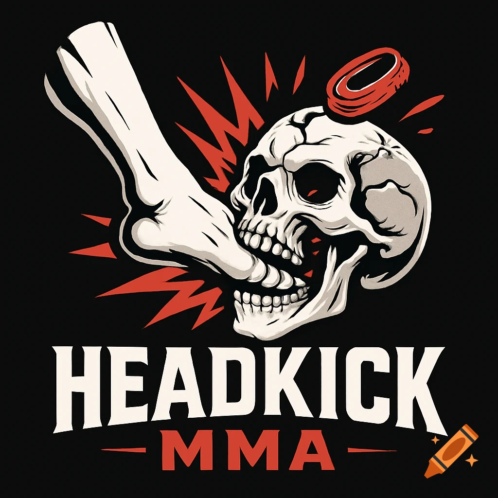 A stylized black background logo showing a bone leg kicking a skull, with red impact lines and text 'HEADKICK MMA'.