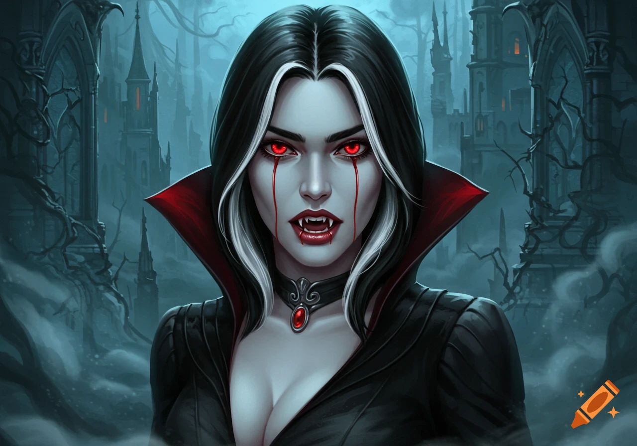 A striking female vampire with black and white hair, glowing red eyes dripping blood, and fangs, set against a dark gothic castle.