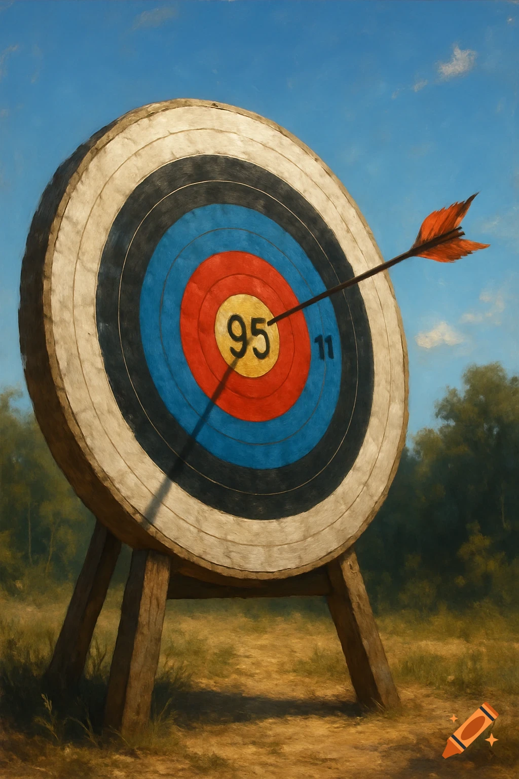 An archery target with a bullseye, an arrow stuck in the red ring, and numbers '95' and '11' on the target.