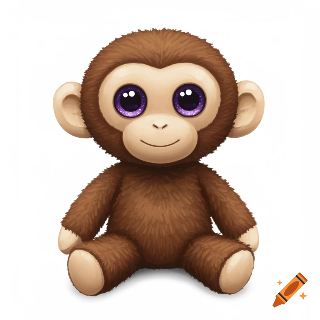 A cute brown plush toy monkey with large sparkly purple eyes, a beige face, and a soft furry body, sitting and smiling on a white background.