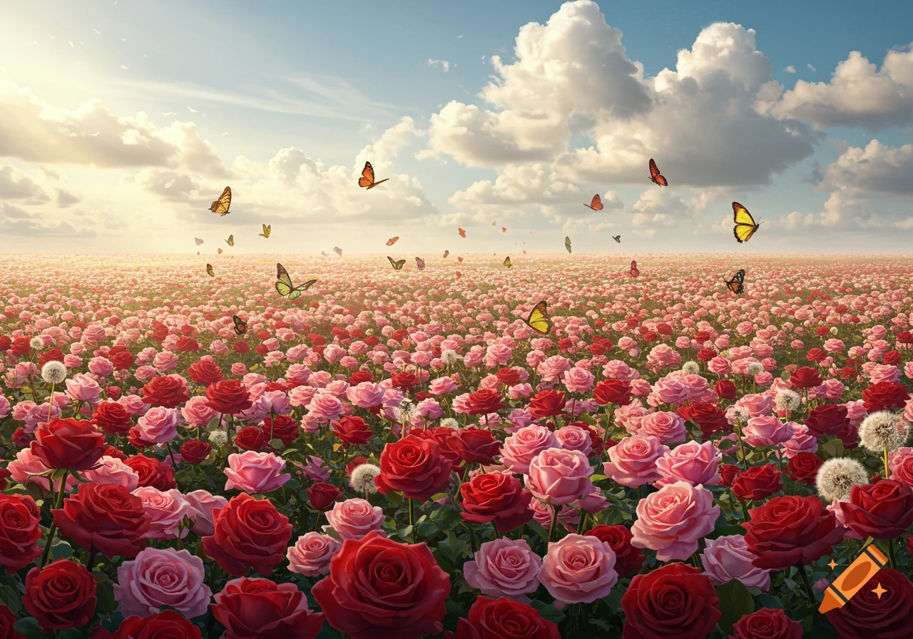 A vibrant field of pink and red roses under a blue sky, with numerous colorful butterflies fluttering above.