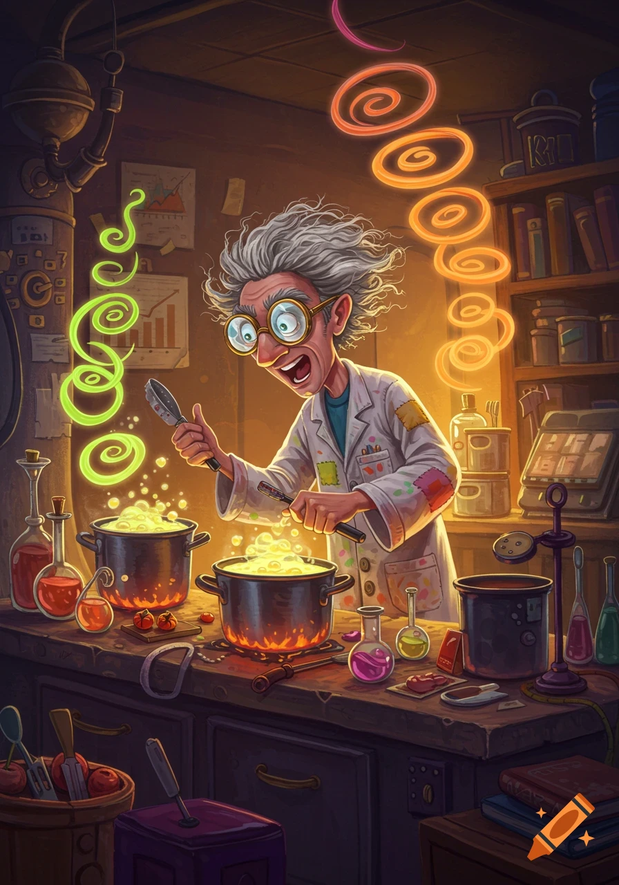 Cartoon illustration of a mad scientist happily mixing glowing green and orange concoctions in a laboratory.