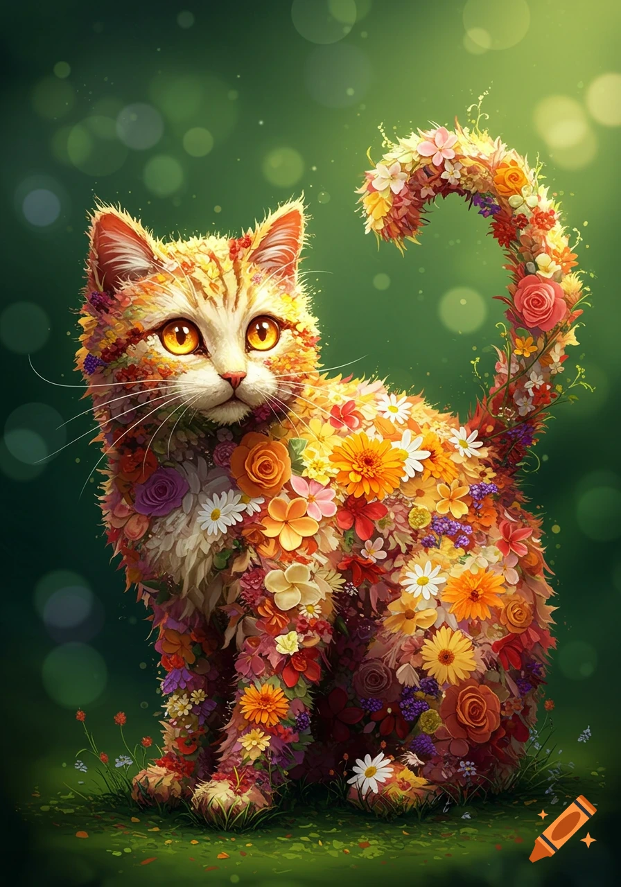 A whimsical cat covered in various colorful flowers stands in a soft green, bokeh-filled field.