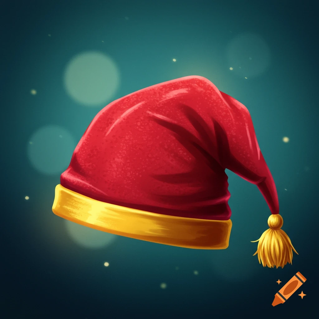 A red nightcap with a yellow brim and a yellow tassel against a dark teal background with bokeh lights.