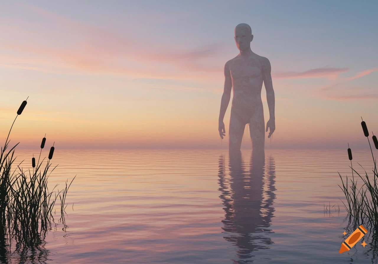 A large, featureless humanoid statue stands in calm water at sunset, with reeds in the foreground. Dreamlike and abstract style.