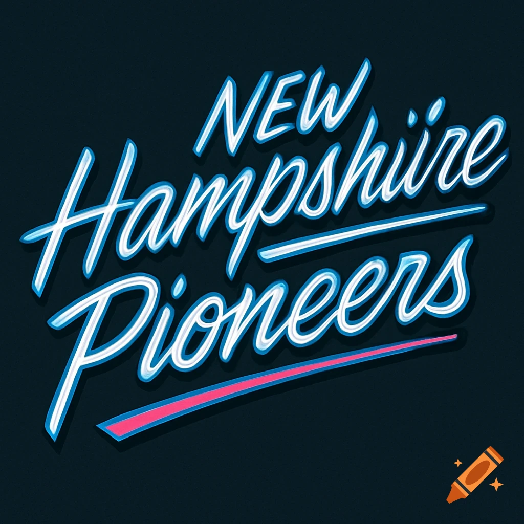 New Hampshire Pioneers logo in blue, white, and pink cursive script on a dark background.