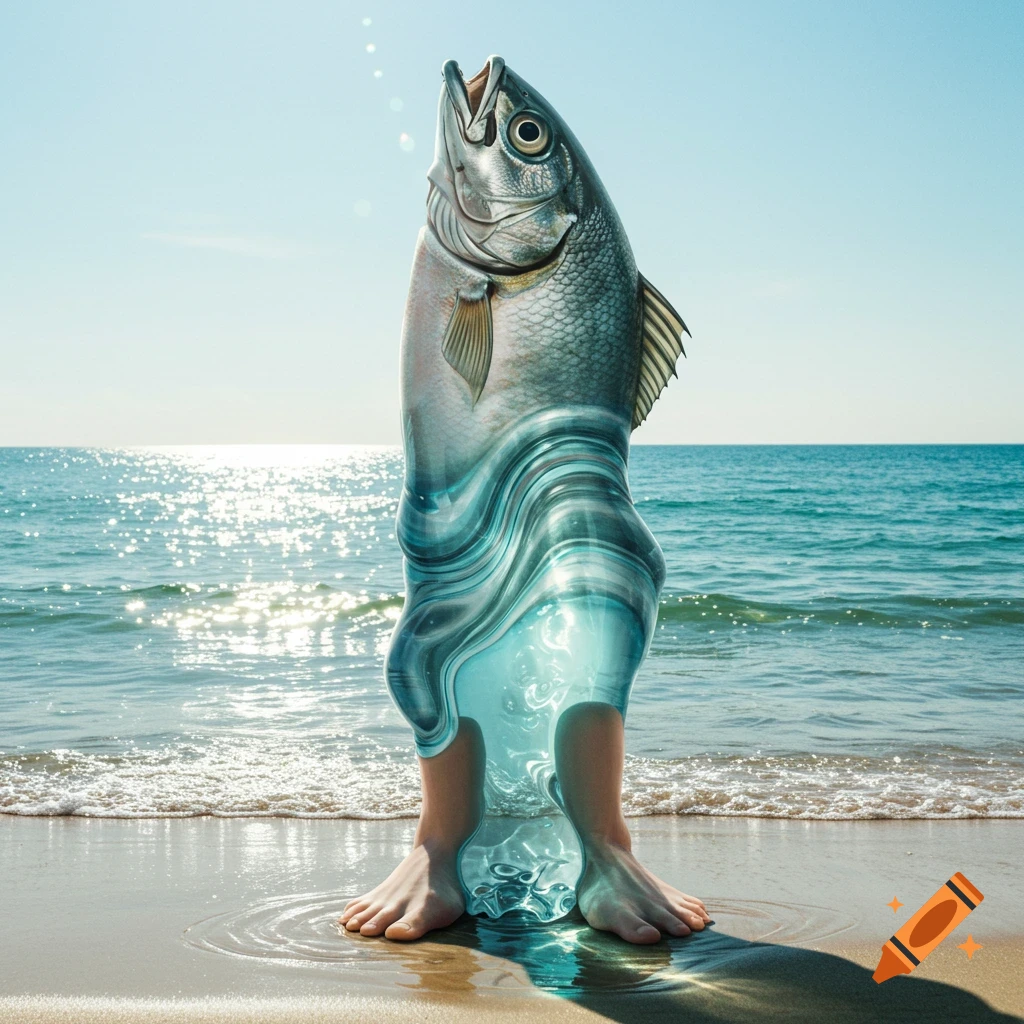 A surreal figure with a fish head and human feet, connected by swirling water, stands on a sunny beach.