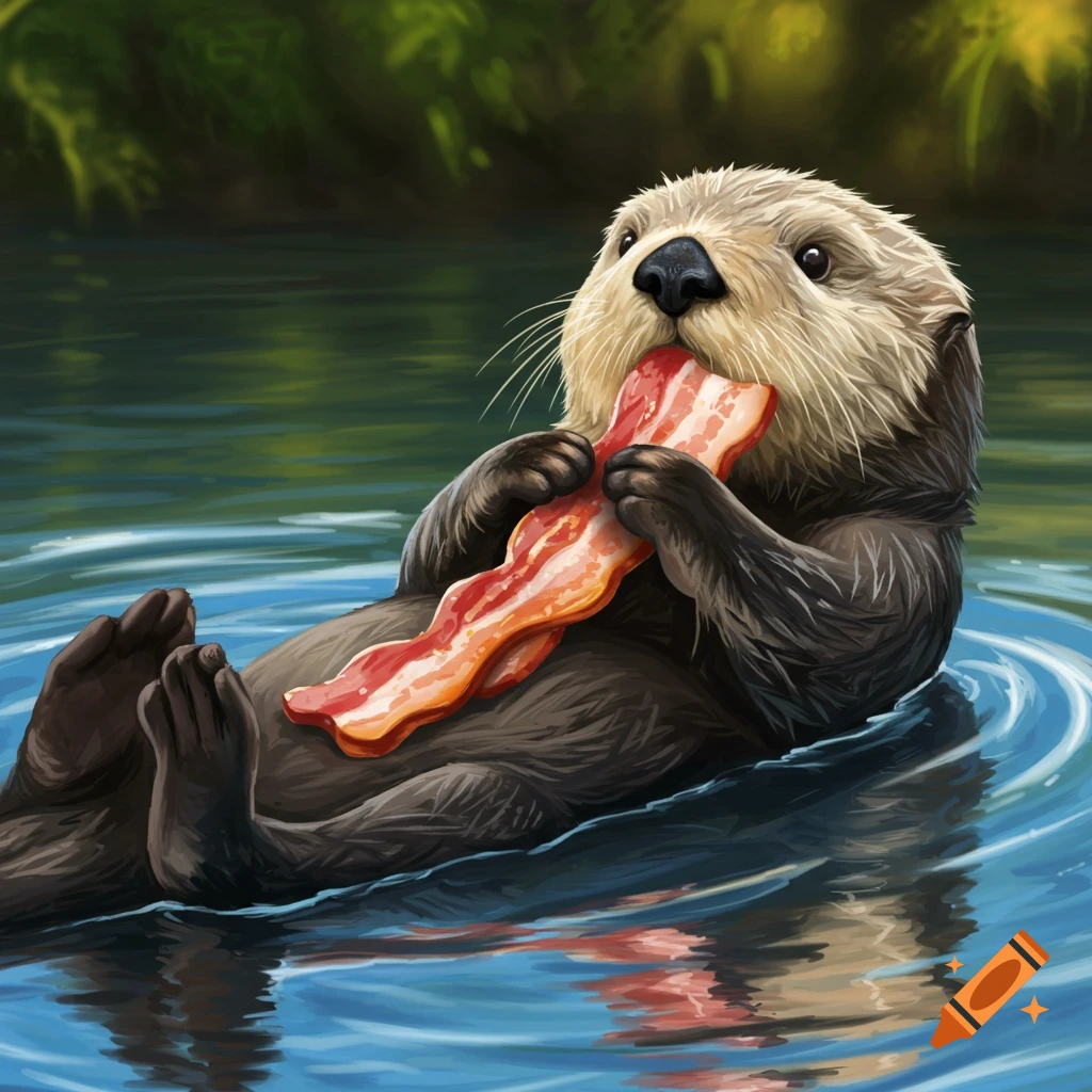 An otter floats on its back in blue water, holding a piece of bacon to its mouth.